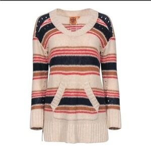 Tory Burch Size Small Woven Knit Linen Blend Stripe‎ Pullover Tunic Sweater